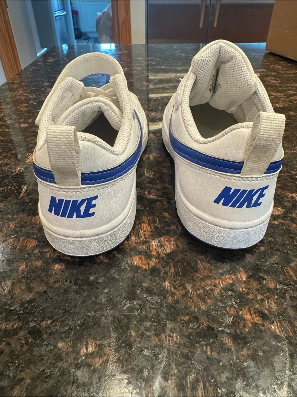 Nike Court Borough Low Recraft Kids White Sneakers with Blue Swoosh and Strap